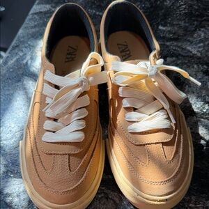 Zara Camel Sneakers with Cream Laces